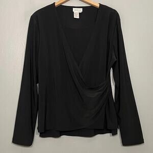 Coldwater Creek Womens Size Medium Black Stretch Knit Faux Wrap Ruched Top Goth